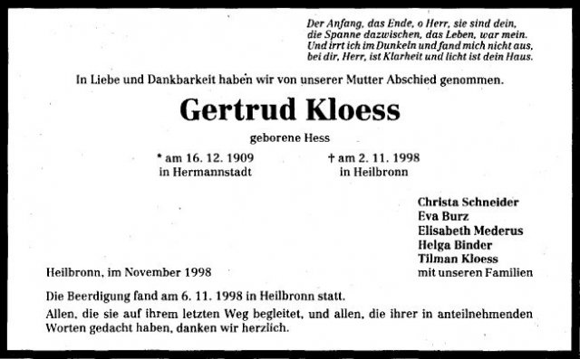 Hess Gertrud 1909-1998 Todesanzeige